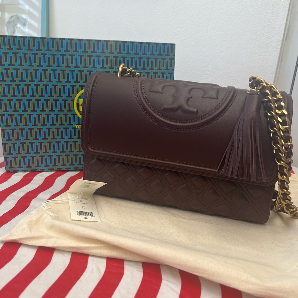 Tory Burch Albarossa Shoulder Bag with Gold Chain Strap and Flap Closure